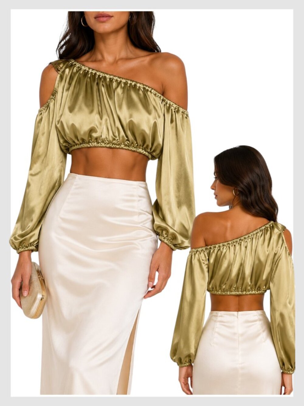 Camila Coelho Emanuelle Crop Top Olive Gold Satin One Shoulder XXS